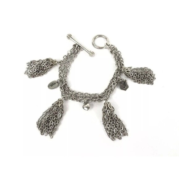 Juicy Couture Designer Silver Tone Tassel Fringe Bracelet Y2K Charms Logo 7.75" - Picture 1 of 11